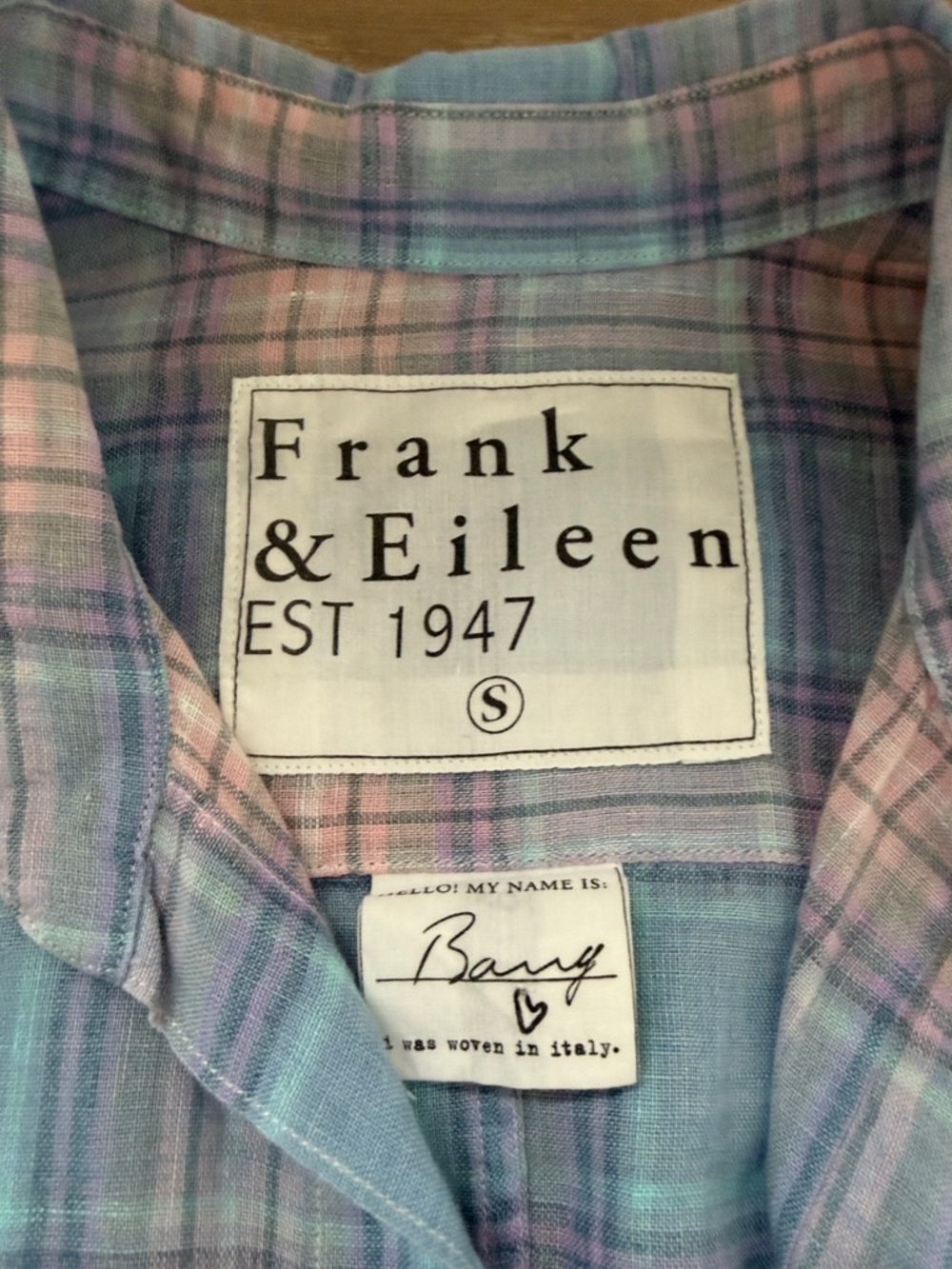 Neiman Marcus Luxury Linen Plaid Button-Down Shirt -Pastel Blue and Pink -Size S - Picture 2 of 5
